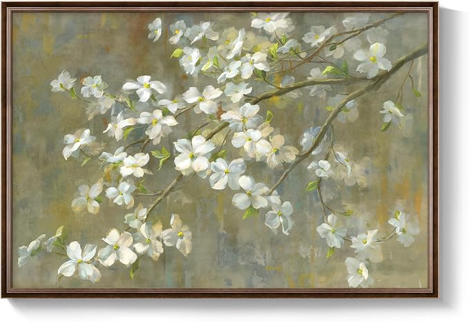 Framed Vintage Floral Wall Art, Green White Neutral Farmhouse Botanical Canvas Painting Prints Artwork for Walls, Rustic Retro Flower Picture for Living Room Bedroom Kitchen Hallway Wall Decor, 24x36