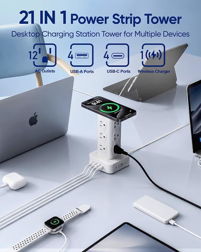 Power Strip Tower Surge Protector(2000J), PD65W Charging Station Tower with 12 AC Outlets & 8 USB Ports (4 USB C), 6FT Extension Cord for Home Office Dorm, White