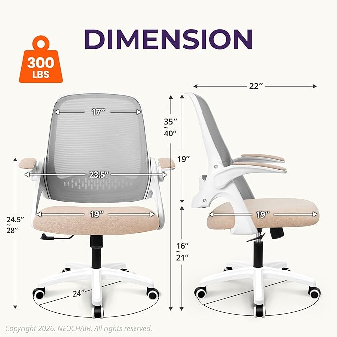 NEO CHAIR Office Desk Gaming Ergonomic Computer Chair with Lumbar Back Support Adjustable Height Swivel Rolling Wheels Flip-up Arms Mesh Chair for Home Vanity (Beige)