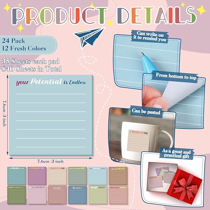 Yinder 12 Pcs Inspirational Sticky Notes Thank You Gift Motivational Sticky Note Pad Employee Appreciation Gift Bulk for Staff Coworker Teacher Nurse Office Groups 3 x 3'' (Appreciation,Neutral Color)