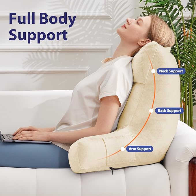 IPYNBAP Back Pillow for Bed Sitting up, Reading Pillow for Sitting in Bed Adult, Back Support Pillow, Memory Foam Sit up Lounge Backrest Pillow with Arms for TV, Couch, Chair, Dorm, 24 Inch, Beige