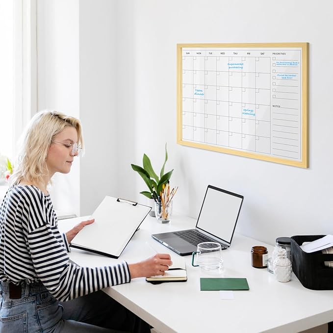 Large Acrylic Calendar for Wall, 24" X 18" Wood Grains Frame Clear Acrylic Wall Calendar, Clear Wet & Dry Erase Board Hanging Monthly Planner for Office, Home or School