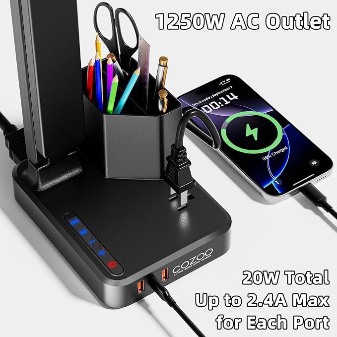 cozoo LED Desk Lamp for Dorm with USB Charging Ports and AC Outlets, Modern Dimmable Eye Cariing Desk Light for Home Office with Pen Holder, Kids Small Table Lamp for Reading, Bedroom, Study, Craft