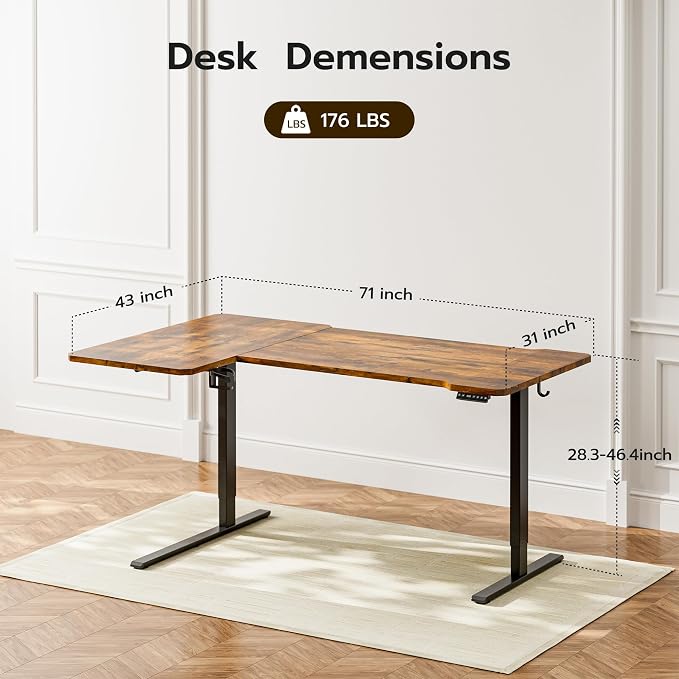 Acrolix L Shaped Electric Standing Desk - 71x43.5 Inch Reversible Corner Sit Stand Desk with Hook&Cup Holder,Electric Height Adjustable Table,for Home Office Gaming&Trading Computer Desk, Rustic Brown