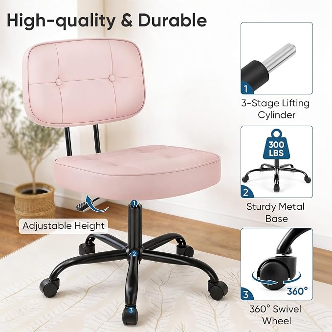 DUMOS Armless Office Desk Chair, Small Vanity Chair with Lumbar Support | PU Leather, 360° Rolling Swivel, Height Adjustable, Fit Computer Task, Bedroom Living Room, Pink