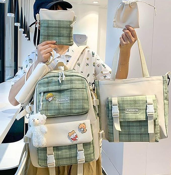 Aobiono 5Pcs Kawaii Plaid Backpack Set Aesthetic Preppy Cute Check with Pins Bear Pendant Light Academia School Supplies Kit