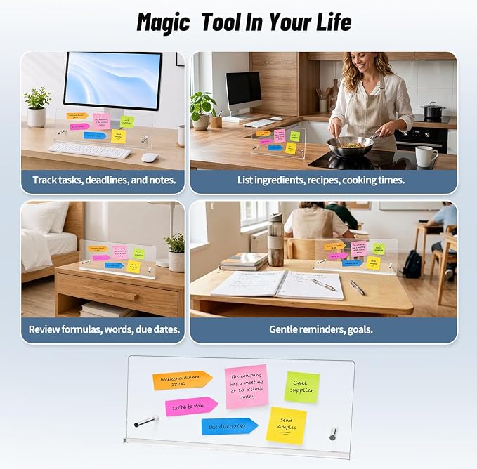 Monitor Memo Board Holder – 14"x5.5"Sticky Note for Desktop Office | Glue-Free, Acrylic Clear Portable, Movable & Reusable, Computer Screen Saver, Monitor Sticky Note Holder for Home Decor
