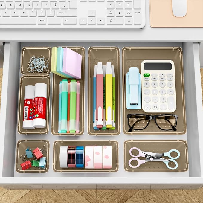 ElegantArray 12 PCS Drawer Organizer Set, 4 Sizes Tool Storage Trays, Clear Plastic Makeup Vanity Organizer and Storage Bins for Stationeries, Multiple Gadgets for Office, Bedroom, Champagne