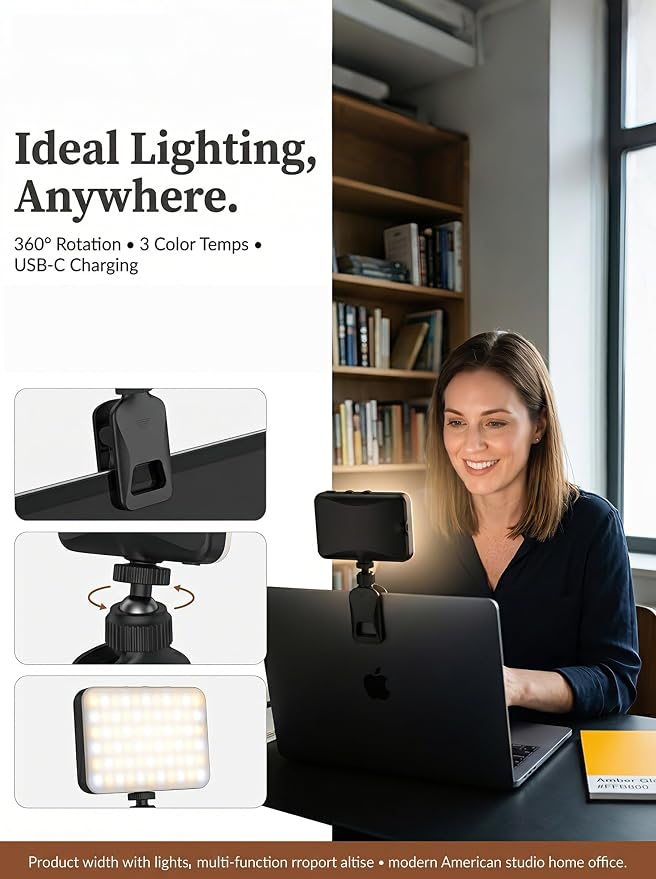 91 LED Portable Charger Selfie Light Video Conference Lighting | Clip & Camera Tripod Adapter, Rechargeable 2000mAh, CRI 96+, 4 Light Modes, For Phone iPhone Webcam Laptop Makeup