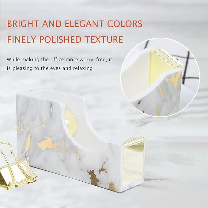 Gold Marble Desk Accessories, Office Supplies Set Stapler Set Staple Remover, Tape Holder, Pen Holder, 2 Ballpoint Pen, Scissor, Binder Clips, Paper Clips and 1000pcs Staples.