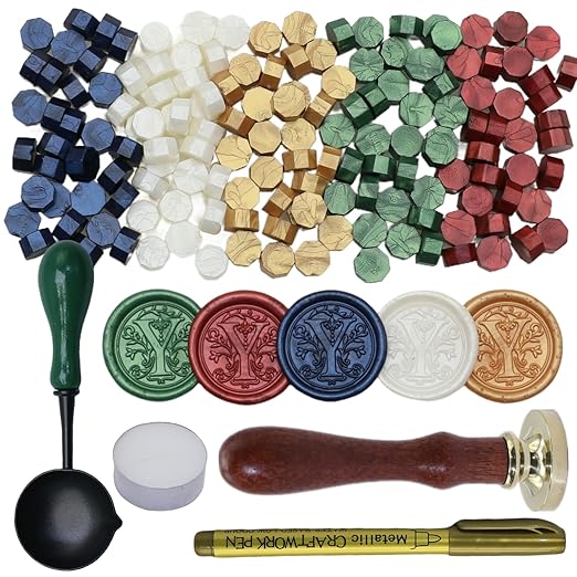 Initial Alphabet Wax Seal Stamp Kit, Retro Letter Y Sealing Stamp with 150Pcs Sealing Wax Beads Spoon Pen Set for Wedding Invitations Cards Envelopes (Y)