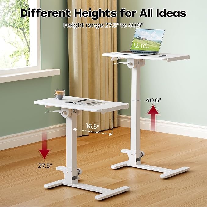 Foldable Mobile Standing Desk, 27 Inch Small Rolling Laptop Cart Height Adjustment, 90° Tiltable Bedside Table, No Assembly Needed Portable Computer Workstation, White