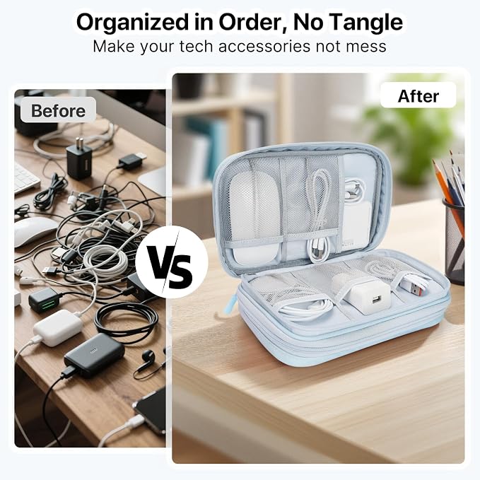 Skycase Tech Pouch - Lightweight Electronics Organizer Travel Case - Double Layers Cable Organizer - All-in-One Storage Bag for Charger, Cord, Phone, Flash Drive, Essentials - L