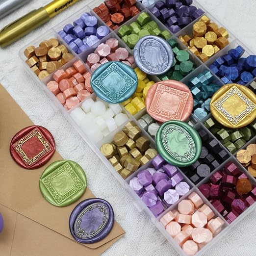 Frame Wax Seal Stemp Kit with 24 Colors Wax Seal Beads 624pcs， Electric WaxSeal Warmer, 3D Embossed Frame WaxSealStamp, Sealing WaxSpoon, WaxSeal Pen, Tweezer,WaxSeal Stamp kit (24B)