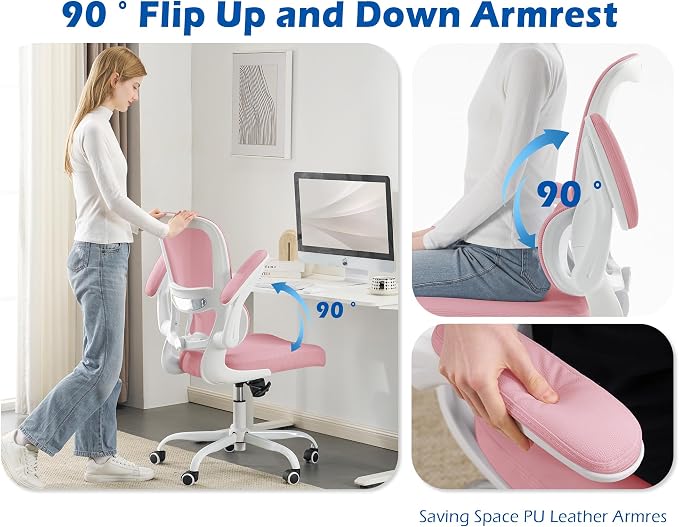 TRALT Ergonomic Office Chair - Desk Chair with Adjustable Lumbar Support Computer Chair - Mesh Comfy Chair with Flip-up Armrests - Gaming Chairs for Adults Home Office (Leather, Pink)