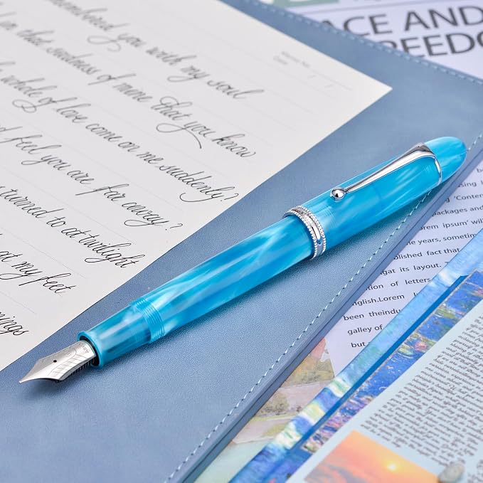 Asvine V800 Fountain Pen – Vacuum Filling System with Large Ink Capacity – Smooth Number 8 Fine Nib with Gift Case and Wrench- Sky Blue Acrylic