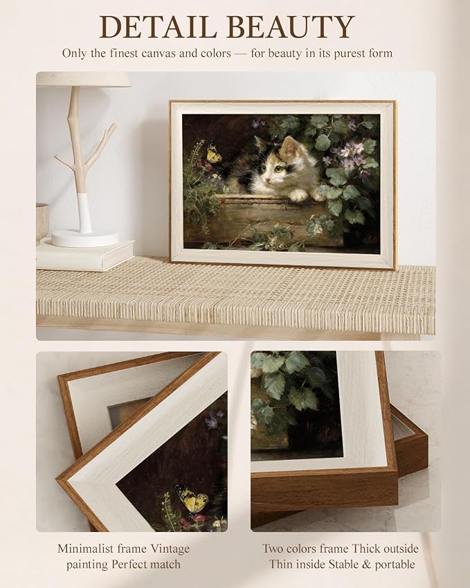 VIYYIEA Framed Wall Art for Living Room, Cute Calico Kitten and Butterfly Canvas Prints, Vintage Farmhouse Oil Painting, Home Decor for Nursery Bedroom Office Kitchen Bathroom, 12x16 Inch