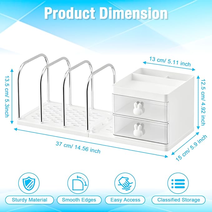 SAYEEC Desk Organizer with File Sorter Detachable Desktop Organizer 4 Sections Adjustable Bookends Plastic Storage Box with 2 Drawers Multi-Functional Pen Pencil Holder File Organizers for Office Home