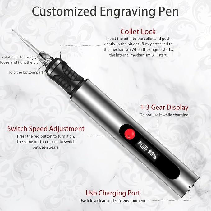Engraving Pen, Ultimate Cordless Engraving Pen for Artists & DIYers - Engrave 60+ Surfaces - Beginner Friendly- 30 Bits & Mastery Guide (Silver)
