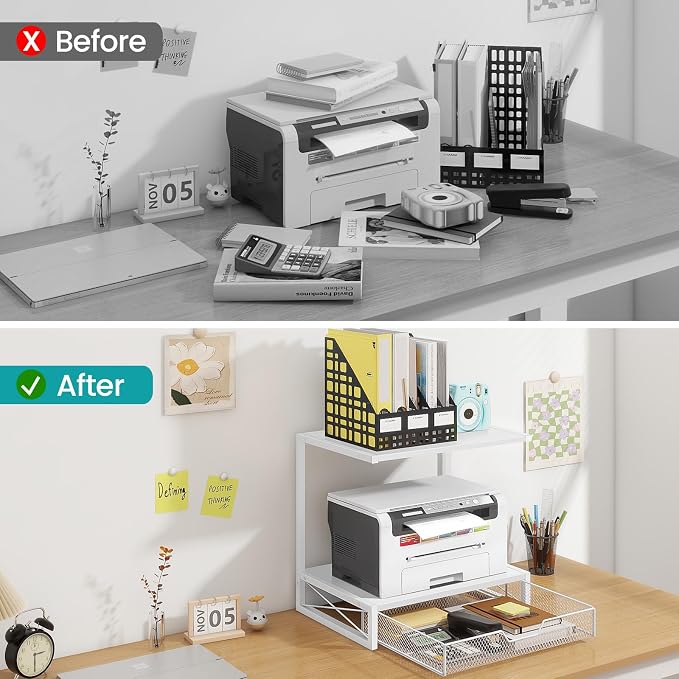 ELITEROO Printer Stand for Desk with Storage Drawer, 2 Tier Desk Shelf | Wood Desktop Organizer for Home Office, Fits 3D Printer, Scanner, Fax Machine, Books, White