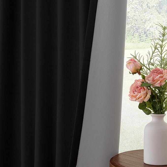 INOVADAY 100% Blackout Curtains for Bedroom, Black Out Curtains 84 Inch Long, Clip Rings Linen Blackout Drapes, Thermal Insulated Room Darkening for Living Room, 2 Panels - Black,W50xL84