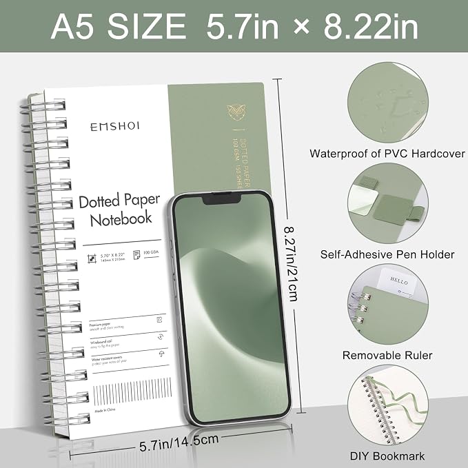 EMSHOI Dotted Journal Spiral Notebook, 300 Pages, A5 Small 5.7"x8.22", 100 GSM Thick Paper, Flexible Plastic Cover, 5mm Dot Grid Notebook for Journaling, Planning, Drawing, Writing, Light Green