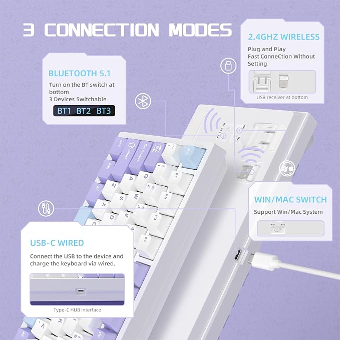 Attack Shark ajazz AK820 Pro Wireless Mechanical Gaming Keyboard TFT Display &Knob Hot Swappable Bluetooth 5.1/2.4G hz/Type-C Gasket-Mounted RGB Backlit Custom Keyboard for PC/Win(Purple/Gift Switch)