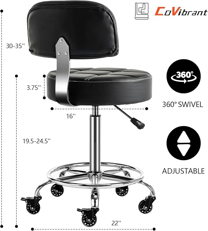 Lockable Stool with Back and Foot Rest Ergonomic Rolling Hydraulic Adjustable Stool for Doctor Esthetician Artist Home Small Office Desk (Black, 19.5''-24.5'')