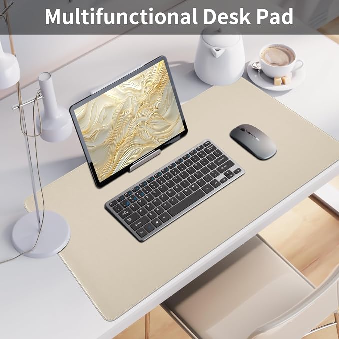 Bloss Beige Desk Mat with Stitched Edges,27.6" x 13.8" Keyboard Pad | Non-Slip Desk Protector Mat, Leather Desk Blotter, Waterproof Desk Pad for Office Home Decor