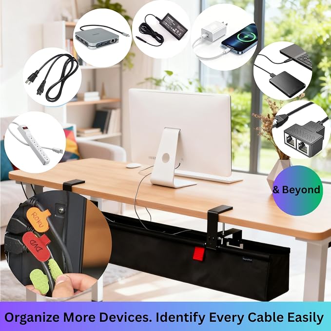 Under Desk Cable Management Tray, 36" Large No Drill Cord Organizer with Easy to Clean Oxford Fabric, Clamp On Power Stripe Holder for Home Office & Gaming Space to Hide Wires