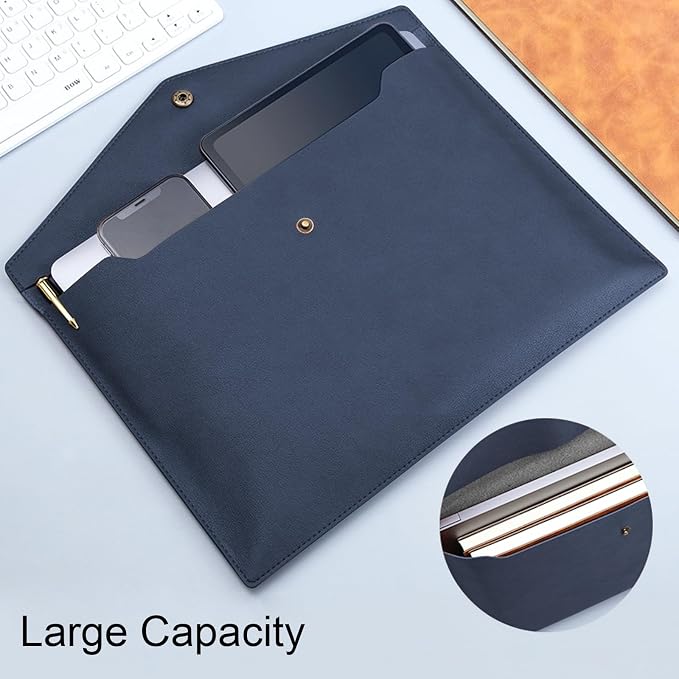 VANRA 1 Piece PU Leather File Folders A4 Document Holder File Envelope Waterproof Portfolio Filing File Organizer for Letter Size with Snap Button Closure (Navy Blue)
