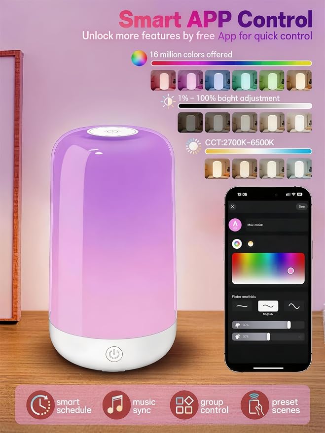 Smart Touch Bedside Table Lamp [Multi-Color & Warm Lights], 3600mA Cordless Small Table Lamp Rechargeable, 7 Colors & Fully Dimmable LED Night Lights for Bedroom Nightstand Nursery Living Room