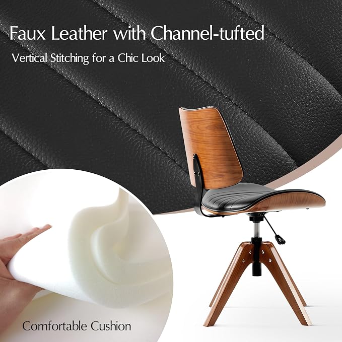 HULALA HOME Faux Leather Home Office Desk Chair No Wheels, Black | Mid-Century Modern Desk Chair with Wood Legs, 360° Swivel Computer Task Chair with Channel-Tufted Backrest, Height Adjustable