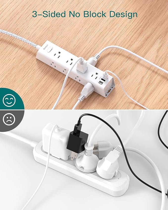 Surge Protector Power Strip - 5 FT Extension Cord, Power Strip with 12 Widely AC Outlet 3 USB, Flat Plug Wall Mount Overload Protection, 1050J, Desk Charging Station for Home Office, ETL Listed,White