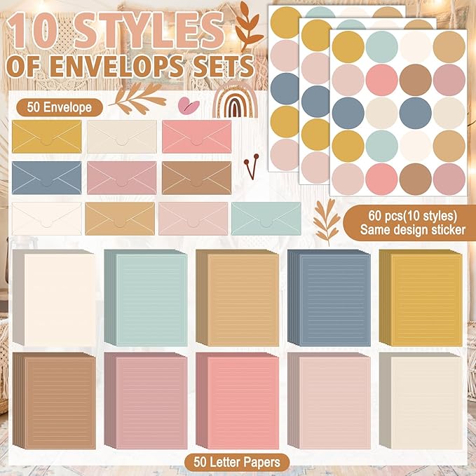 TaoBary 160 Packs Stationery Paper Set (50 Double Sided Stationery Writing Papers 50 Matching Envelopes) 60 Round Dot Sticker, 10 Design(11 x 8.5 Inch,Boho Color)