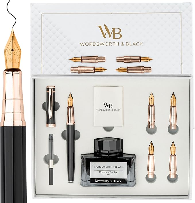 Wordsworth & Black Fountain Pen Gift Set, Includes Ink Bottle, 6 Ink Cartridges, A Refill Converter, 4 Replacement Nibs, Journaling, Calligraphy, Smooth Writing Pens [Black Rose Gold]
