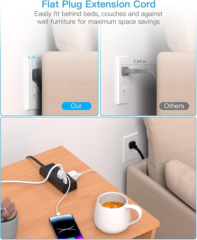 Cruise Essentials, Flat Plug Power Strip, HANYCONY 5ft Ultra Flat Extension Cord - 6 Outlets 3 USB Ports (2 USB C) Desktop Charging Station, No Surge Protection for Travel, Dorm Room Essentials, Black