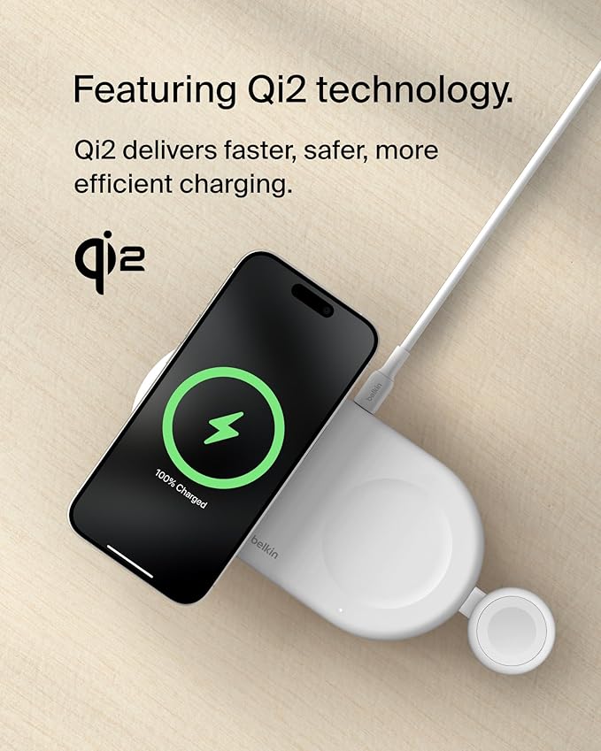 Belkin 3-in-1 MagSafe-Compatible Wireless Charging Pad with Qi2 15W - iPhone Charger - Fast Charging Wireless Charging Station for iPhone 17, 16, & 15 Series, AirPods, Apple Watch, & More - White