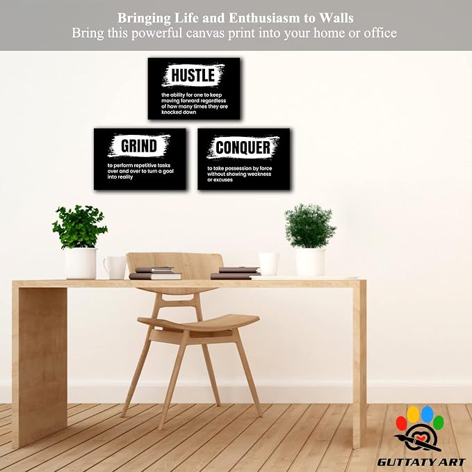 Office Wall Art - 3 Panel Motivational Wall Art, Inspirational Quotes Canvas Art for Home Office Wall Decor, Positive Quotes Wall Decor, Entrepreneur Grind Hustle Execution Poster Frame (12”x18”x3Pcs)