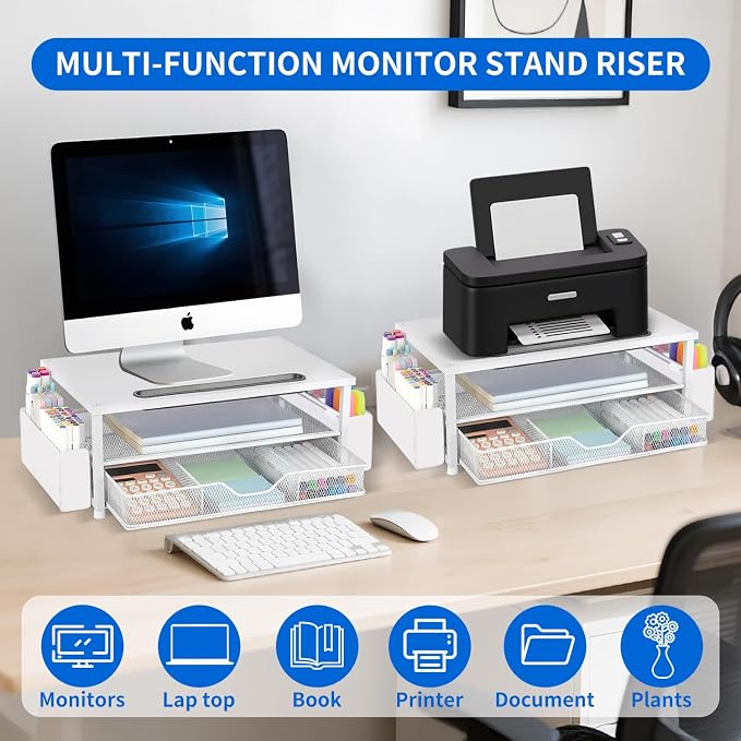 AUPSEN White Monitor Stand Riser, 2-Tier Wood Computer Desk Organizer with Drawer, Pen Storage & Phone Holder, Office Desk Accessories Desktop Organizer for Office Supplies