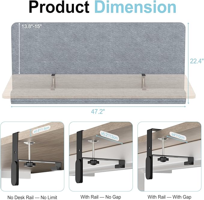Desk Privacy Panel with Cable Management Tray, 47.2 x 22.5 inch Felt Desk Divider with Hidden Cord Organizer, Clamp or Screw Mount, Acoustic Partition for Office & Home