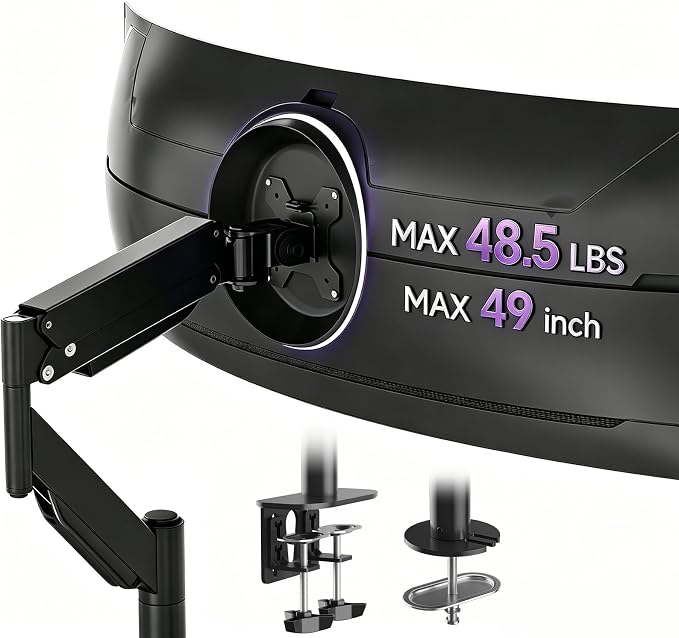 Suptek Single Monitor Arm for 27–49 Inch Ultrawide Large Screen Monitors, Gas Spring Desk Mount with Tilt Swivel, VESA 75/100, Supports 48.5 lbs, Clamp & Grommet, MD71PRO