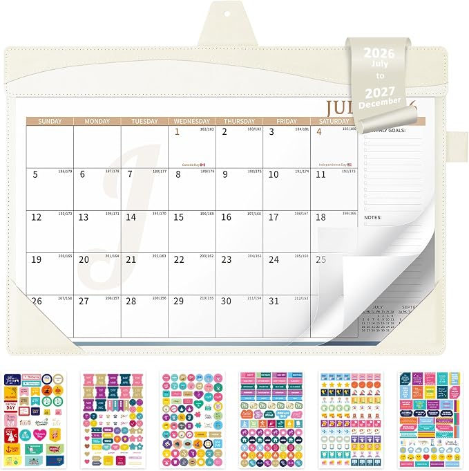 Ospelelf Leather Desk Calendar 2026-2027 Large 12"x17" Monthly Planner Pad with Protective Cover 18 Months Use July 2026 to December 2027 White