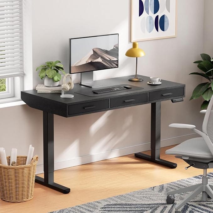 HUANUO Electric Standing Desk with Drawers, C-Clamp Mount Compatible, 55 x 28 Inch Height Adjustable Sit Stand Desk, Fabric Drawers, Home Office Stand Up Desk with 4 Custom Height Settings, Black