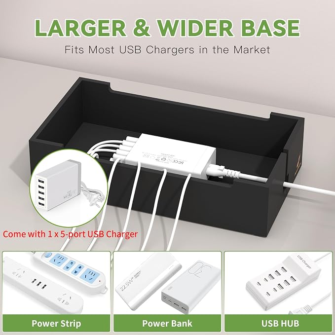 Pezin & Hulin Docking Station for Multi Devices -Natural + Black | Cable Management Box, with 5 Port Charge Adapter, 6 Cable, Wire Organizer for Cord, Box to Hide Cord and Storage Power Strip
