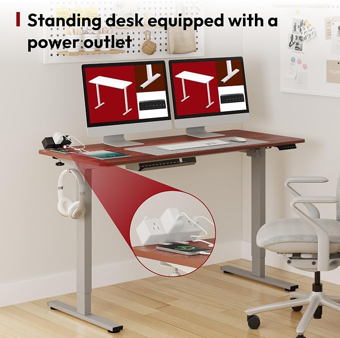 SANODESK Electric Standing Desk with Clamp Power Strip 60"x 24" Whole-Piece Desktop Height Adjustable Stand Up Desk with Cable Management Home Office Desk Silver Frame/Mahogany Top