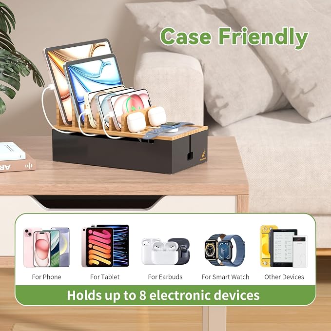 Pezin & Hulin Docking Station for Multi Devices -Natural + Black | Cable Management Box, with 5 Port Charge Adapter, 6 Cable, Wire Organizer for Cord, Box to Hide Cord and Storage Power Strip
