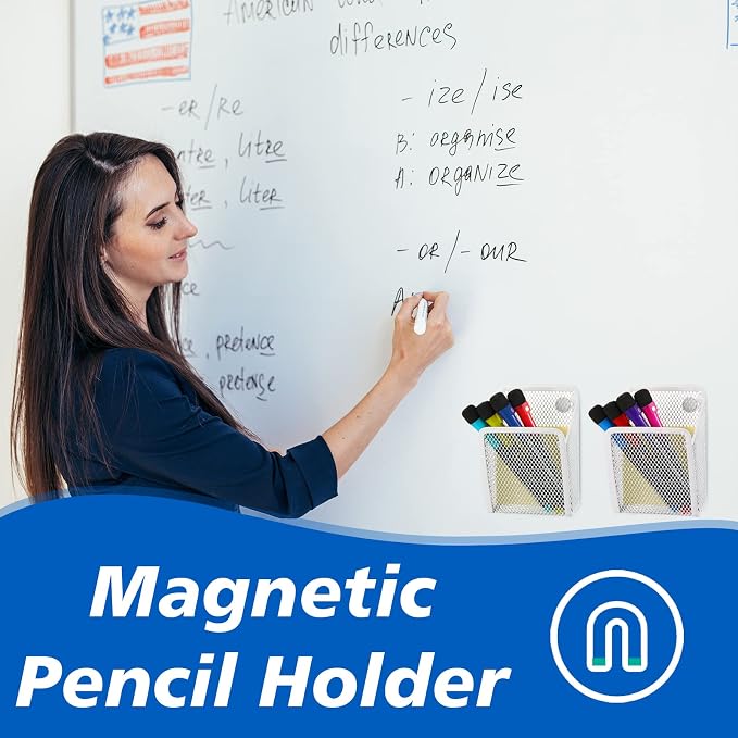 Fuutreo 2 Pcs Large Magnetic Pencil Holder Mesh Stainless Steel Pen Basket Metal Marker Cups Storage Organizer for Fridge Whiteboard Blackboard Kitchen Refrigerator Locker Home Office School, White