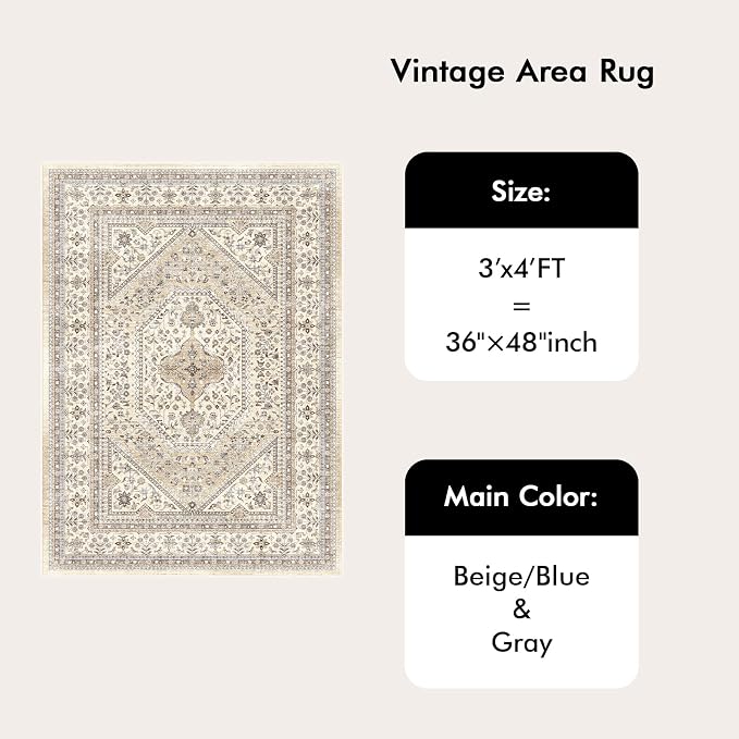 Washable 3x4 Area Rug for Entryway - Bedroom Rugs with Non Slip Rubber Backing for Kitchen Bathroom Indoor Soft Stain Resistant Carpet Rug for Pet Feeding Area and Distressed Floor Decor Beige/Gray