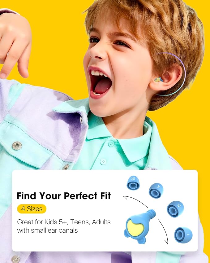 Kids Noise Reduction Ear Plugs(6+yrs) – Reusable Child Ear Protection for Sensitive Ears, Comfortable Earplugs for School, Travel, Focus, Concert, Sleep & Loud Events – 4 Sizes Ear Tips in XS-L, 26dB